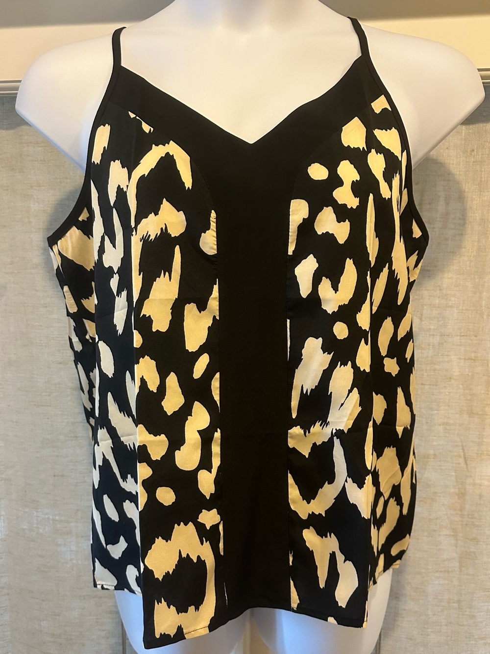 Silky Satin Leopard Animal Print Black and Beige Cami Tank Top Size XL NWOT